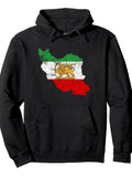 Iran Map with Lion and Sun Emblem, Vintage Persian Heritage Pullover Hoodie Ramadan Black Cotton Long Sleeve