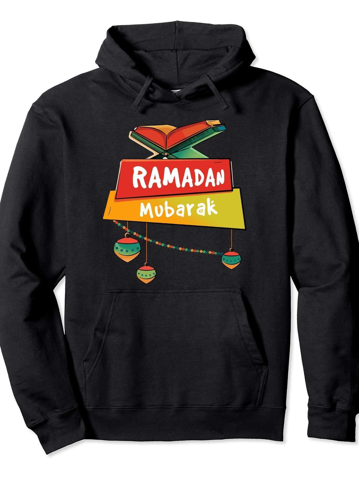 Happy Ramadan Mubarak Calligraphy With Fanous Lights Pullover Hoodie Ramadan Black Cotton Long Sleeve