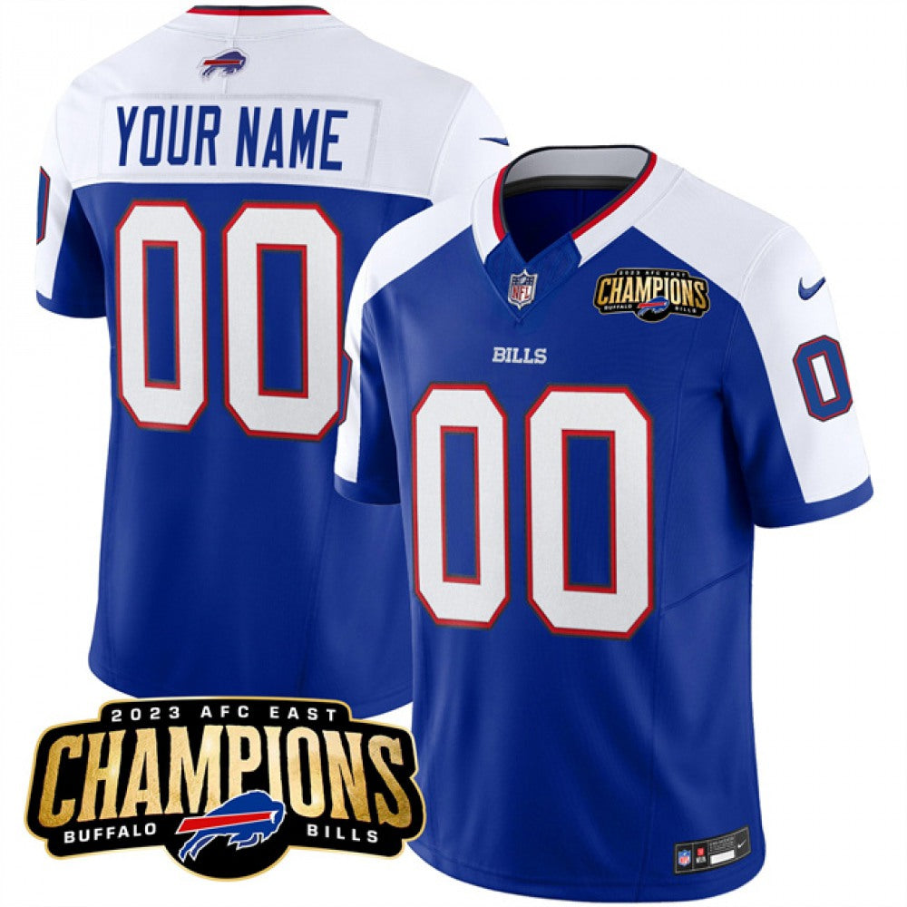 Mens Buffalo Bills Custom Blue White 2023 East Champions Ptach Stitched Football Jersey