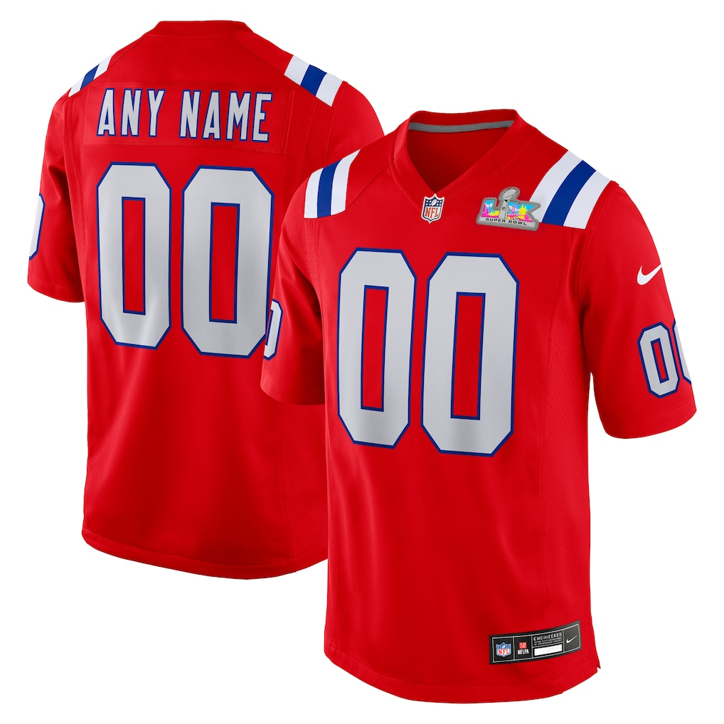 Mens New England Patriots Red Super Bowl LX Patch Custom Game Jersey