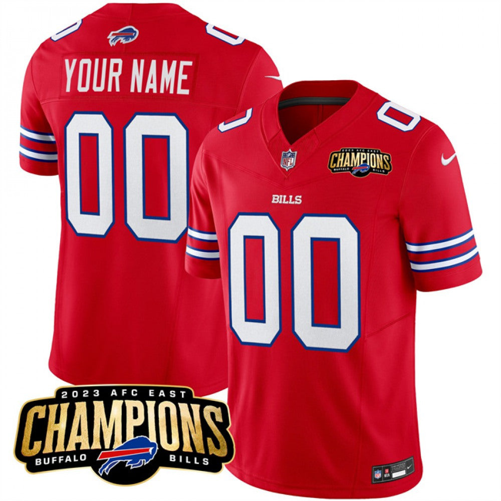 Mens Buffalo Bills Custom Red 2023 East Champions Ptach Stitched Football Jersey