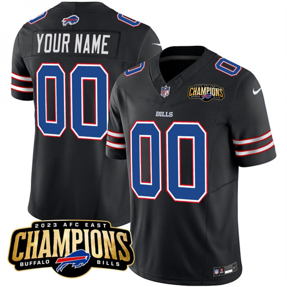Mens Buffalo Bills Custom Black 2023 East Champions Ptach Stitched Football Jersey
