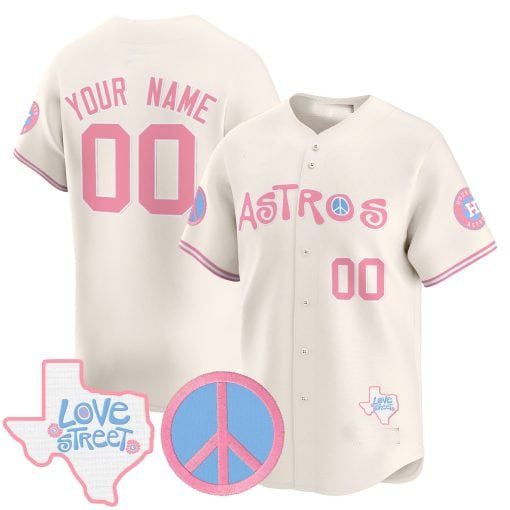Custom Houston Astros Love Street Peace Sign Patch Bubblegum Pink Stitched Limited Jersey