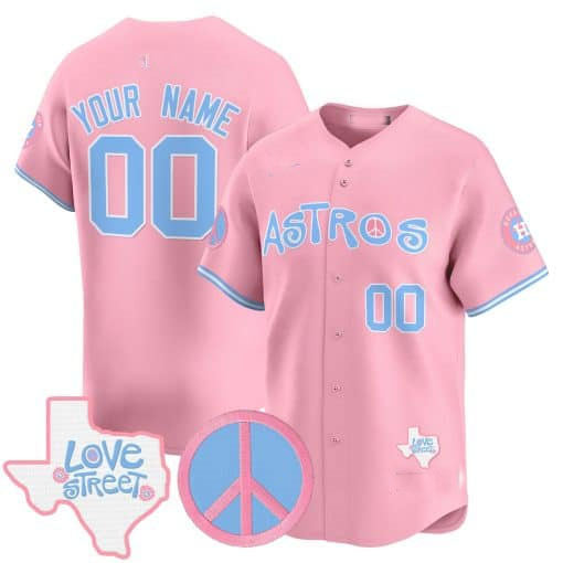 Custom Houston Astros Love Street Peace Sign Patch Bubblegum Pink Stitched Limited Jersey
