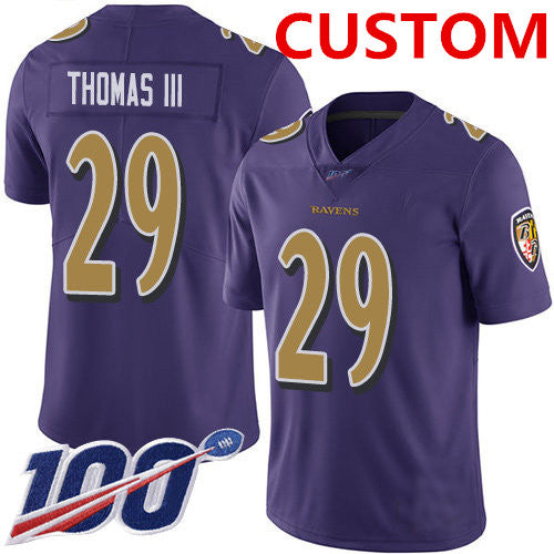Custom B.Ravens Purple Mens Stitched Limited Rush 100th Season Stitched Jerseys