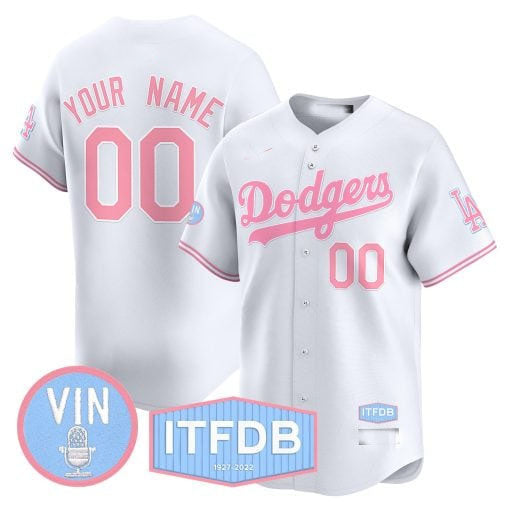 Custom Los Angeles Dodgers Vin ITFDB Patch Bubblegum Pink Stitched Limited Jersey