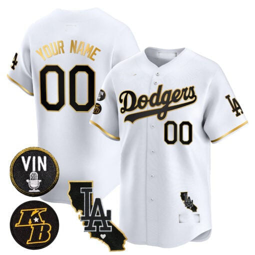 Custom Los Angeles Dodgers Vin Patch Kobe Bryant Gold Trim Stitched Limited V2 Jersey