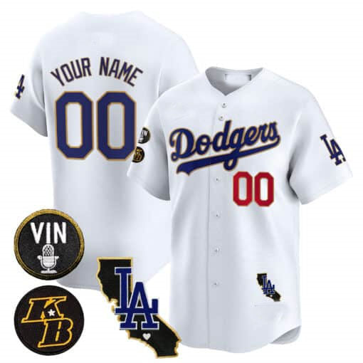 Custom Los Angeles Dodgers Vin Patch Kobe Bryant Gold Trim Stitched Limited V2 Jersey