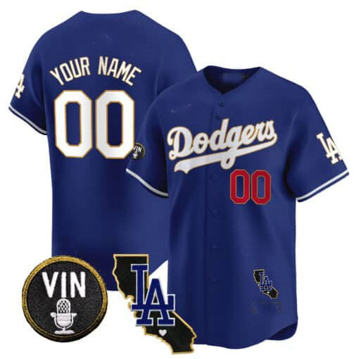 Custom Los Angeles Dodgers Vin California Patch Gold Trim Stitched Limited Jersey