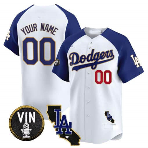 Custom Los Angeles Dodgers Vin California Patch Gold Trim Stitched Limited Jersey