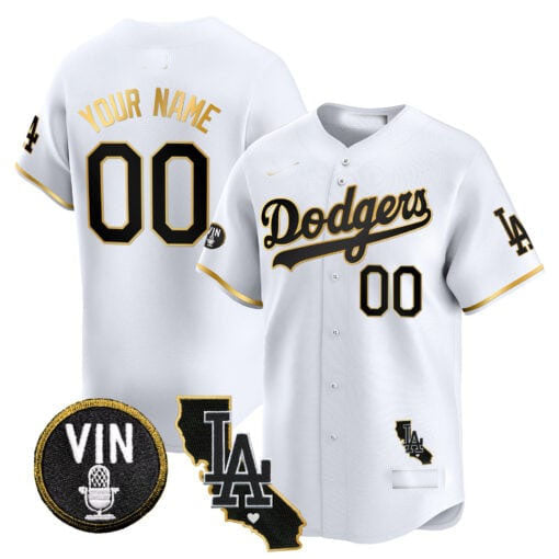 Custom Los Angeles Dodgers Vin California Patch Gold Trim Stitched Limited Jersey