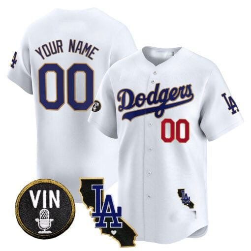 Custom Los Angeles Dodgers Vin California Patch Gold Trim Stitched Limited Jersey