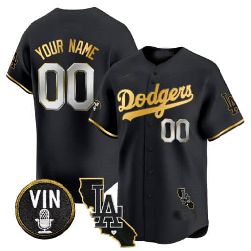 Custom Los Angeles Dodgers Vin California Patch Gold Trim Stitched Limited Jersey