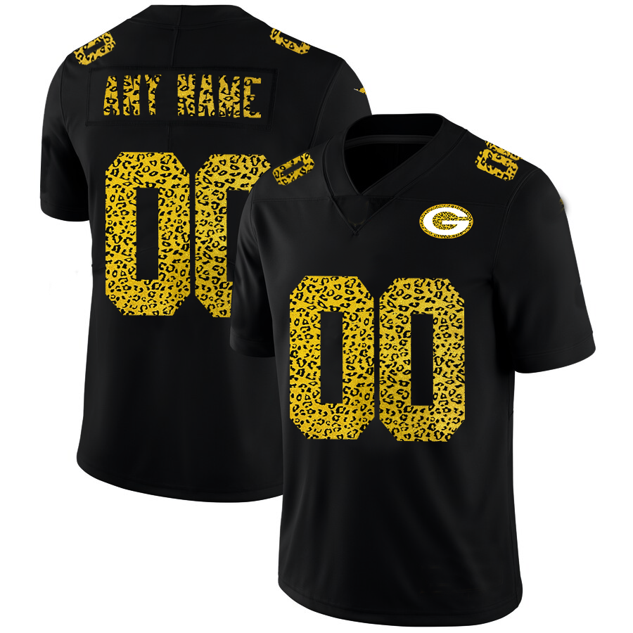Custom Green Bay Packers Mens Leopard Print Fashion Stitched Limited Jersey Black Stitched Football Jerseys
