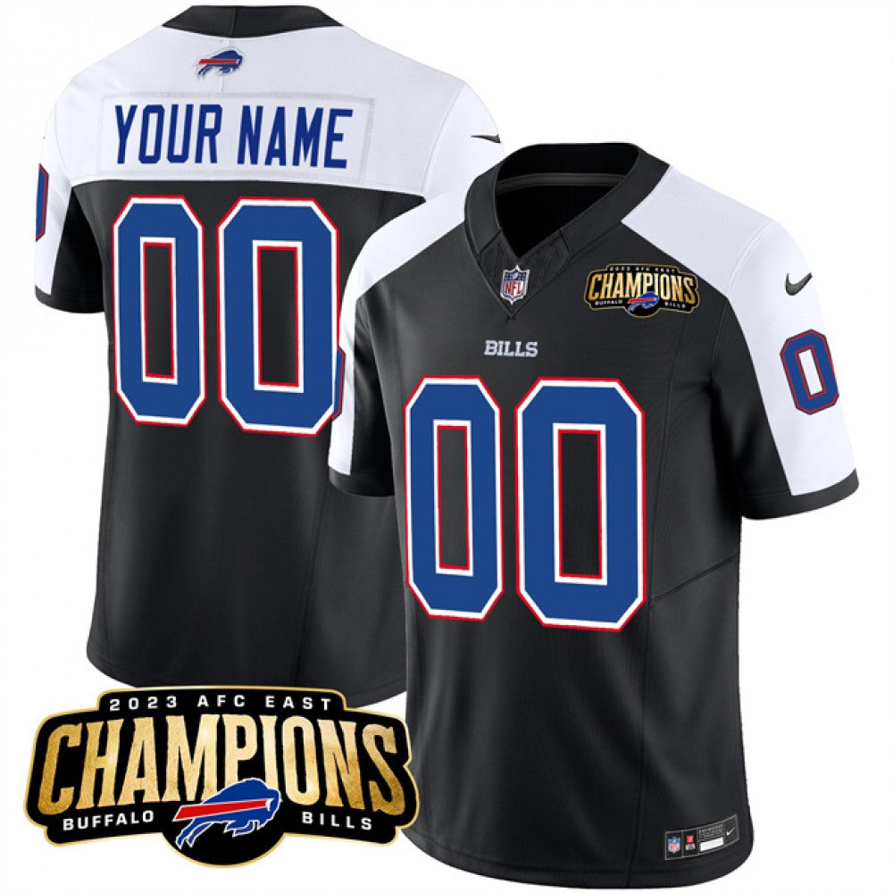 Mens Buffalo Bills Custom Black White 2023 East Champions Ptach Stitched Football Jersey
