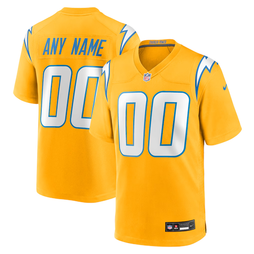 Mens Los Angeles Chargers Gold Alternate Charger Power Game Custom Jersey